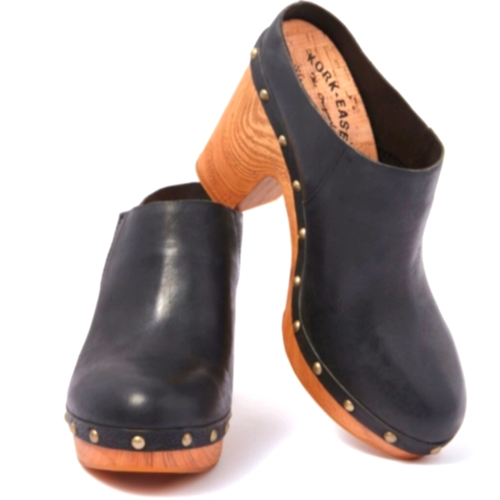 2 Pairs NWOB Kork-ease Gold Studded Demi Clogs Black and Cognac Leather Sz 10